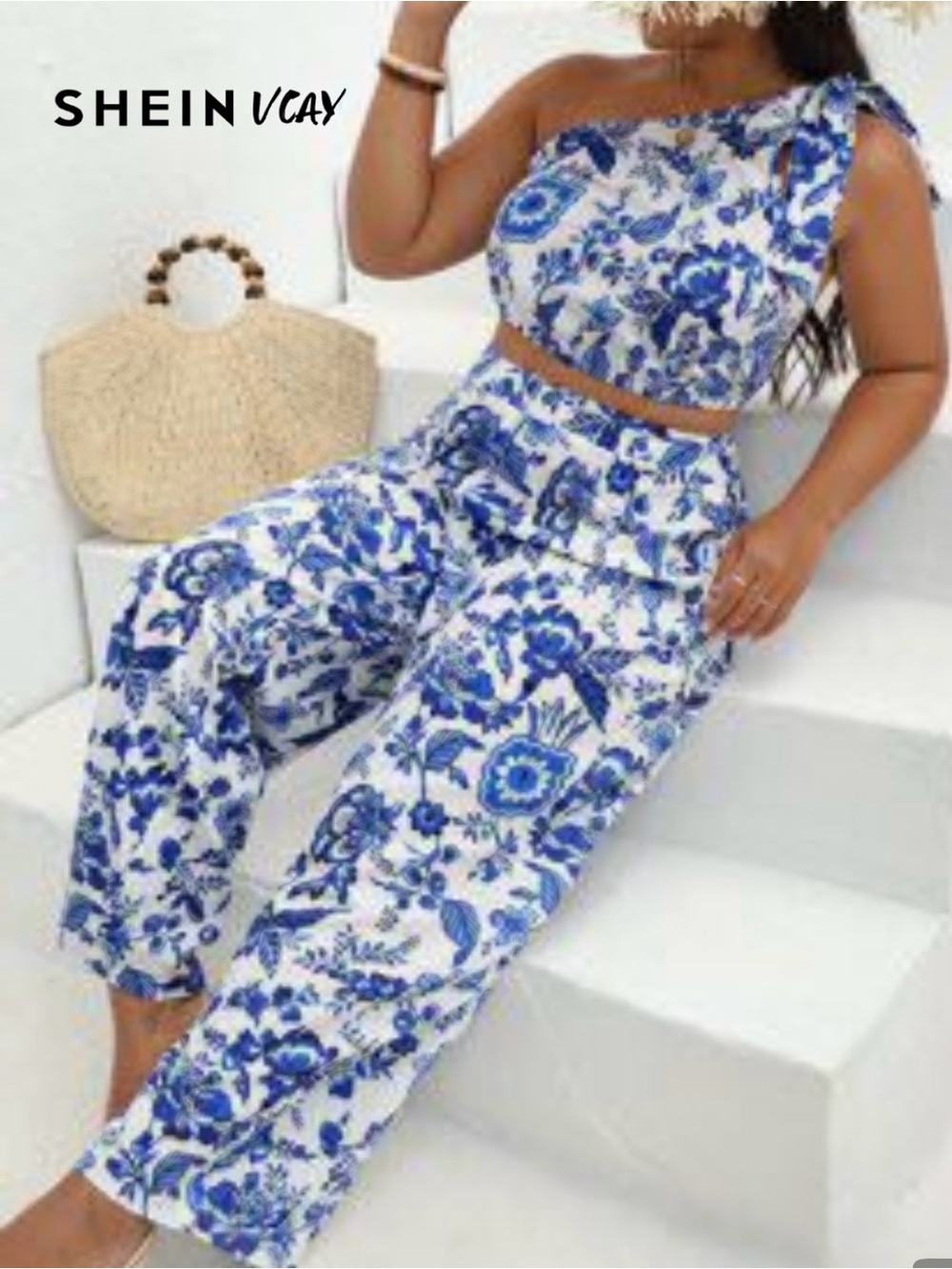 SHEIN Blue & White Floral One-Shoulder Crop Top with Wide-Leg Pants Set